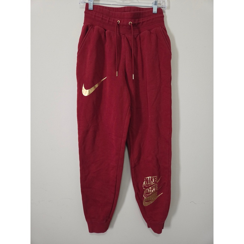 Nike Womens Sportswear Fleece Joggers Burgundy Red Gold Metallic Swoosh Small‎